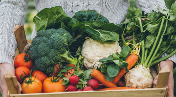 gardener holding a harvest basket from late season veggie garden